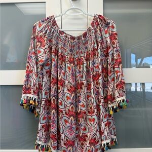 JODIFL Multicolor Red Paisley Tassel Peasant Top